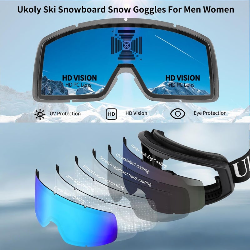 Ukoly Ski/Snowboard Goggles for Men Women, Snow Goggles HD Lens Anti-Fog Coating OTG Design UV400 Protection Windproof - Image 4